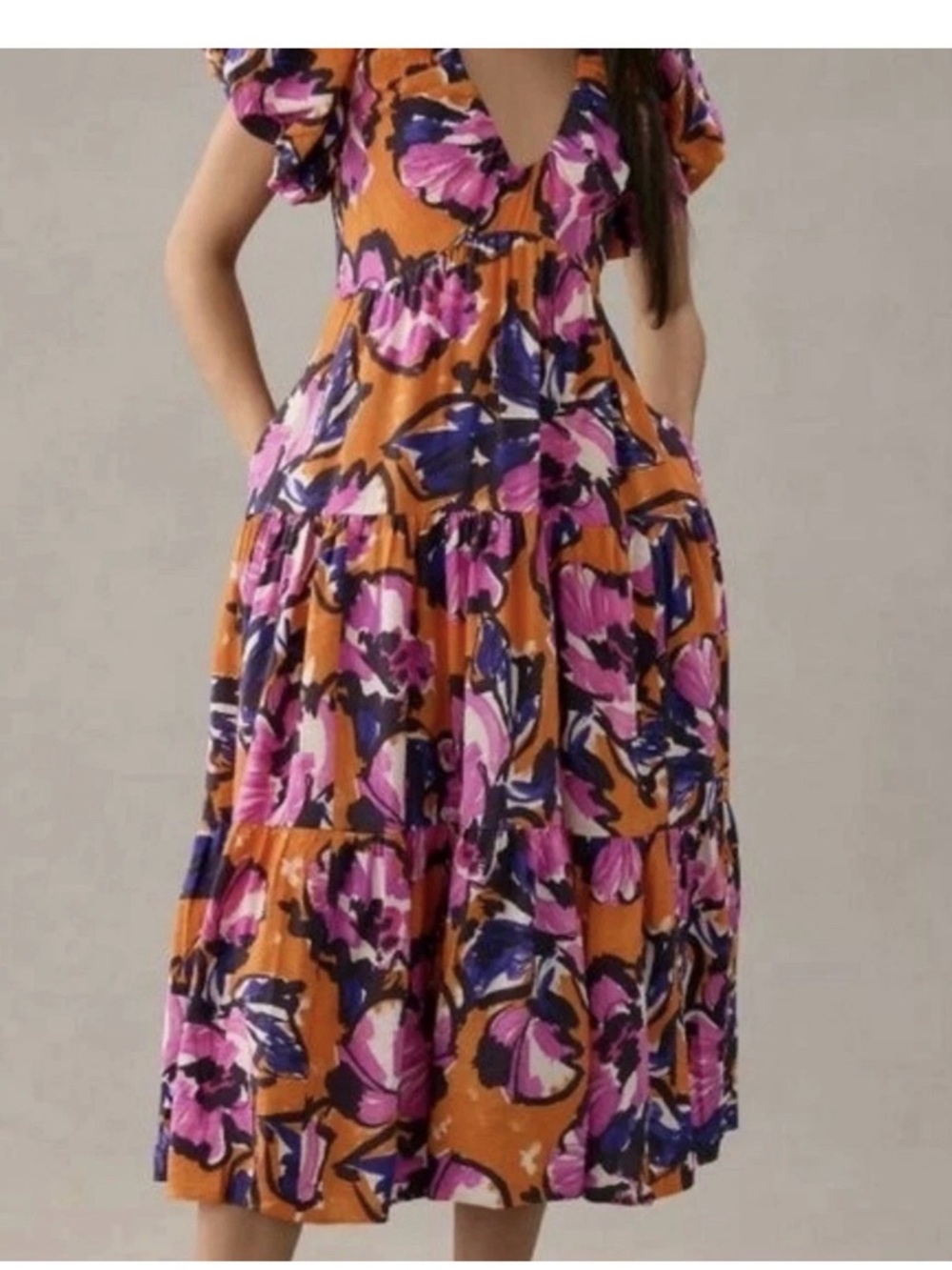 Anthropologie Floral Tiered V-Neck Midi Dress in Orange, Pink & Blue 1X